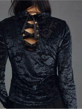 Anthropologie Black Velvet Burnout Lace-Up Back Top Medium Fairy Goth Witchy